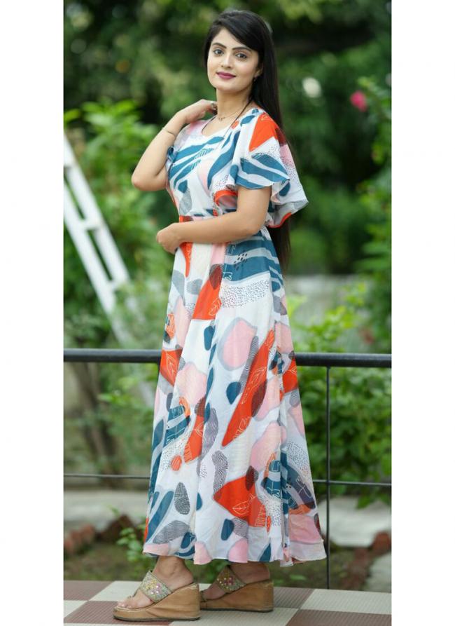 Georgette White Beach Wear Printed Readymade Maxi Dress